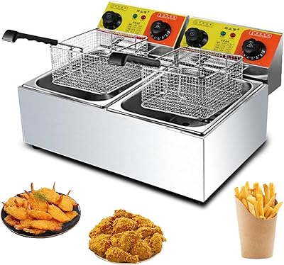 RUYICZB 12L Dual Tank Electric Deep Fryer, Stainless Steel Commercial Deep Fryer with 2 Baskets Timer&Temperature Control, Countertop Electric Oil Fryer for Restaurant Home 2500W+2500W