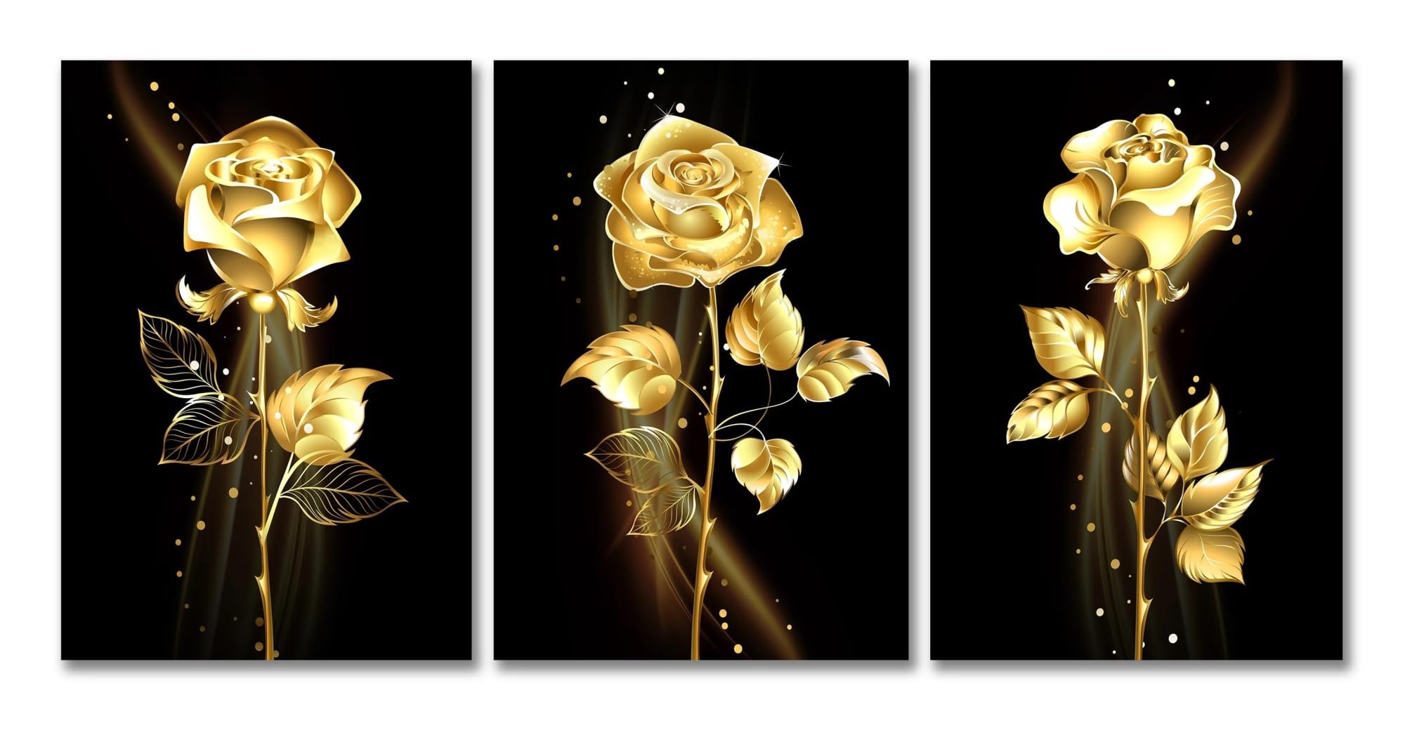 Tableau déco nature pour habiller un mur vide avec ces 3 peintures sur toile noires et or