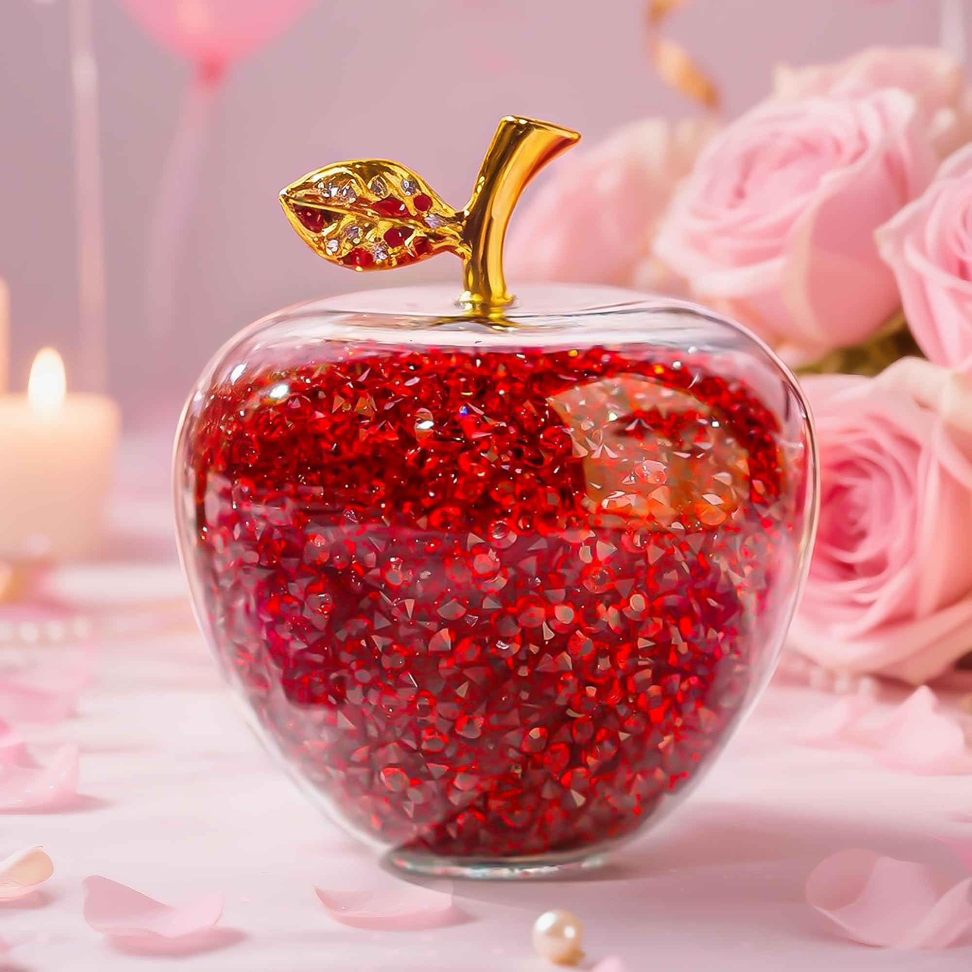 Red Crystal Apple Figurine Paperweight, Glass Apple Collectible with Filling Rhinestones Ornament for Home Table Decor Christmas