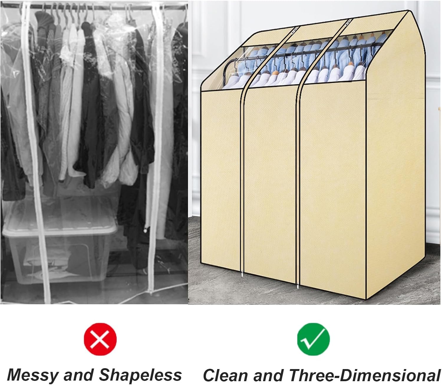 Clothing Rack Covers for High and Low Double Pole Clothes Hanger, Garment Rack Cover with Zipper and Clear Window for Suit, Coat, Long Dresses, Beige(130x78x150cm/51x31x59in)