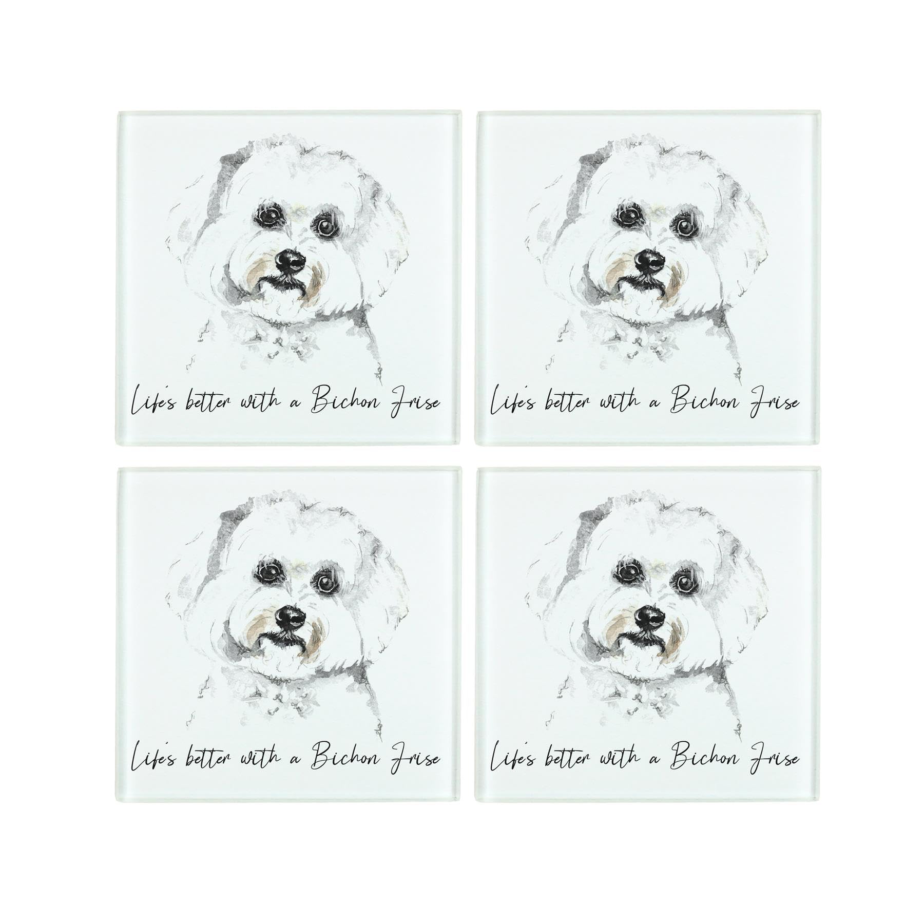Purely Home Bichon Frise Coaster Set - Life's Better With A Dog Gift - Square Glass Set Of Four (4) Coasters