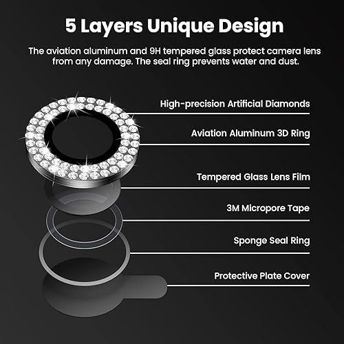 Miniatura 55 de Tensea Protector de lente de cámara para iPhone 14 Pro/iPhone 14 Pro Max, protector de pantalla de vidrio templado 9H, protector de anillo Purpurina