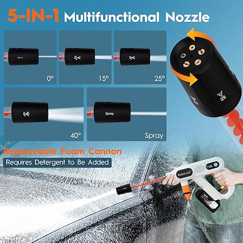 Miniatura 4 de Kit de lavadora a presión portátil inalámbrica, motor sin escobillas de 300 W, 3 niveles de potencia con 2 baterías de 18 V y boquilla 5 en 1 y