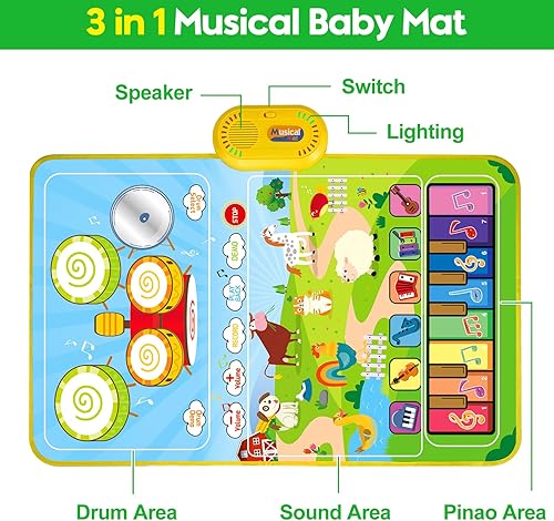 Miniatura 5 de Tapete musical 3 en 1 para niños pequeños de 1 a 3 años, tapete de piano y tapete de batería con 2 palos, juguetes de aprendizaje educativo temprano