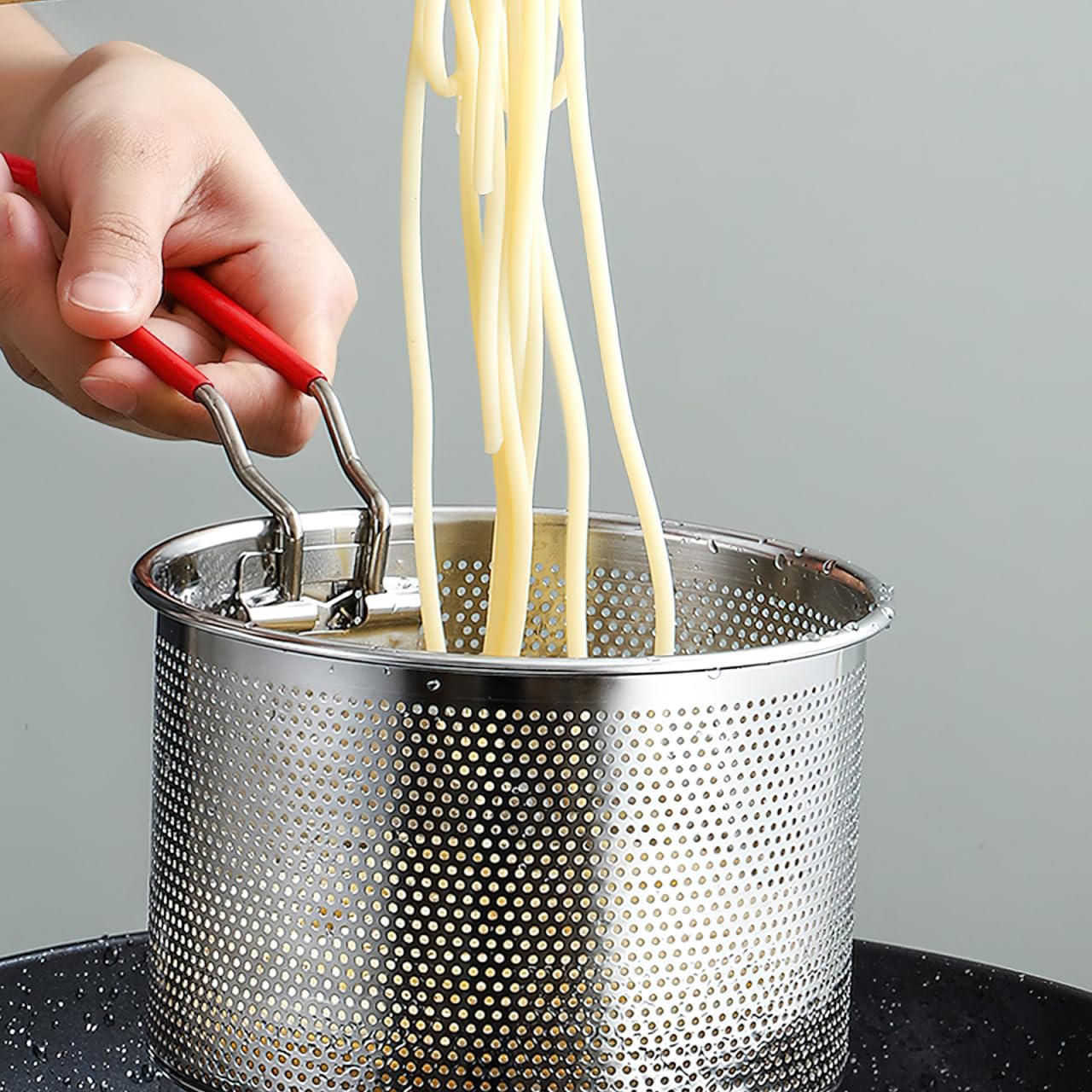 CALLARON Cesta redonda de acero inoxidable para freír, malla de alambre francés, canastas para freír alimentos, vajilla con asa para cocina, freír, pasta, espaguetis, 14 cm