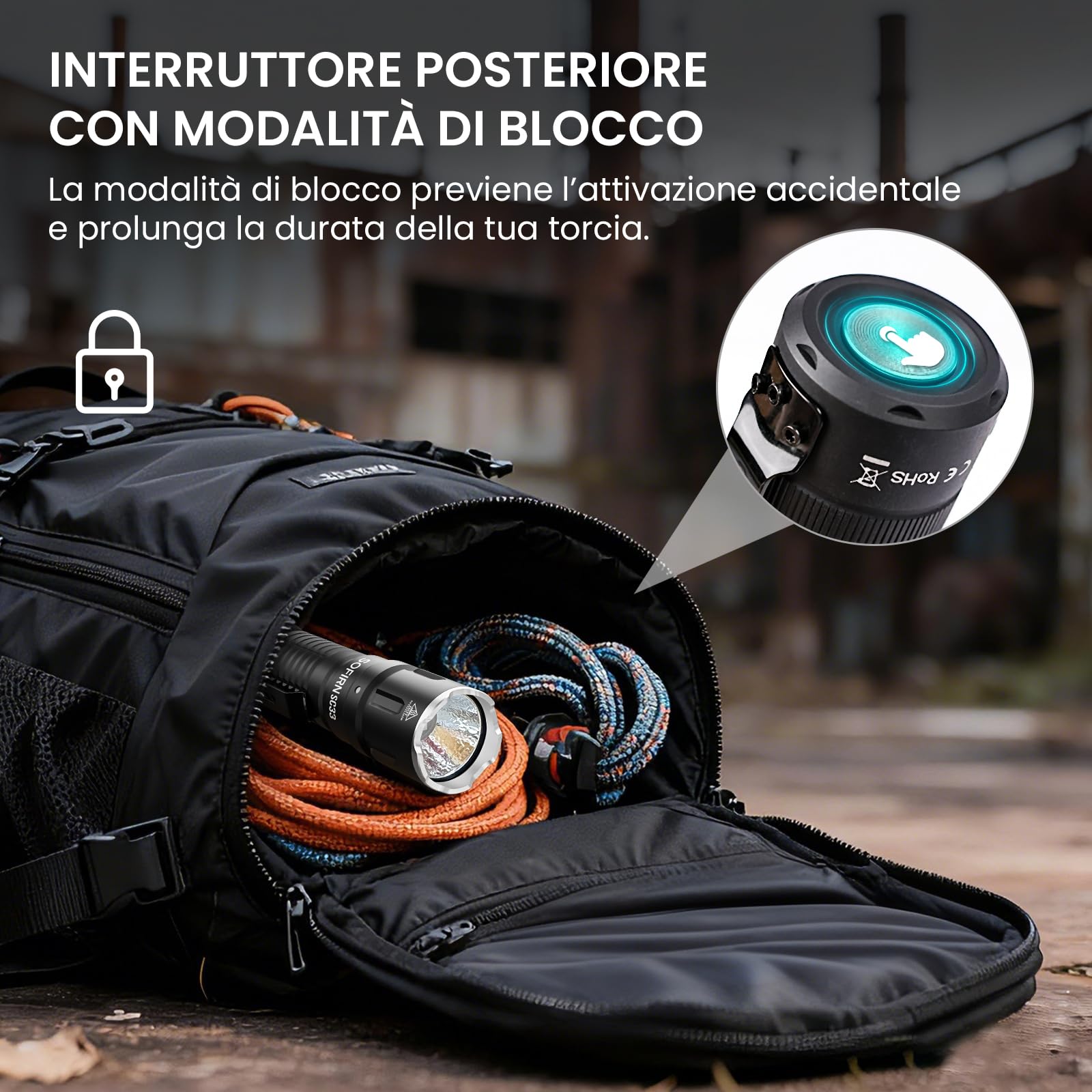 Sofirn SC33 Torcia a led super luminosa 5200 lumen tipo C ricaricabile IPX8 impermeabile con interruttore a coda E, funzione di blocco automatico per campeggio escursionismo emergenza