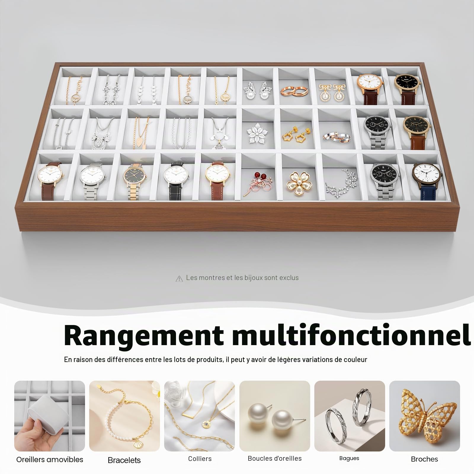 Boîte de rangement en bois pour montres, bijoux, vitrine, bracelet, plateau de rangement, boîte de rangement, boîte de rangement pour montres (30 emplacements)