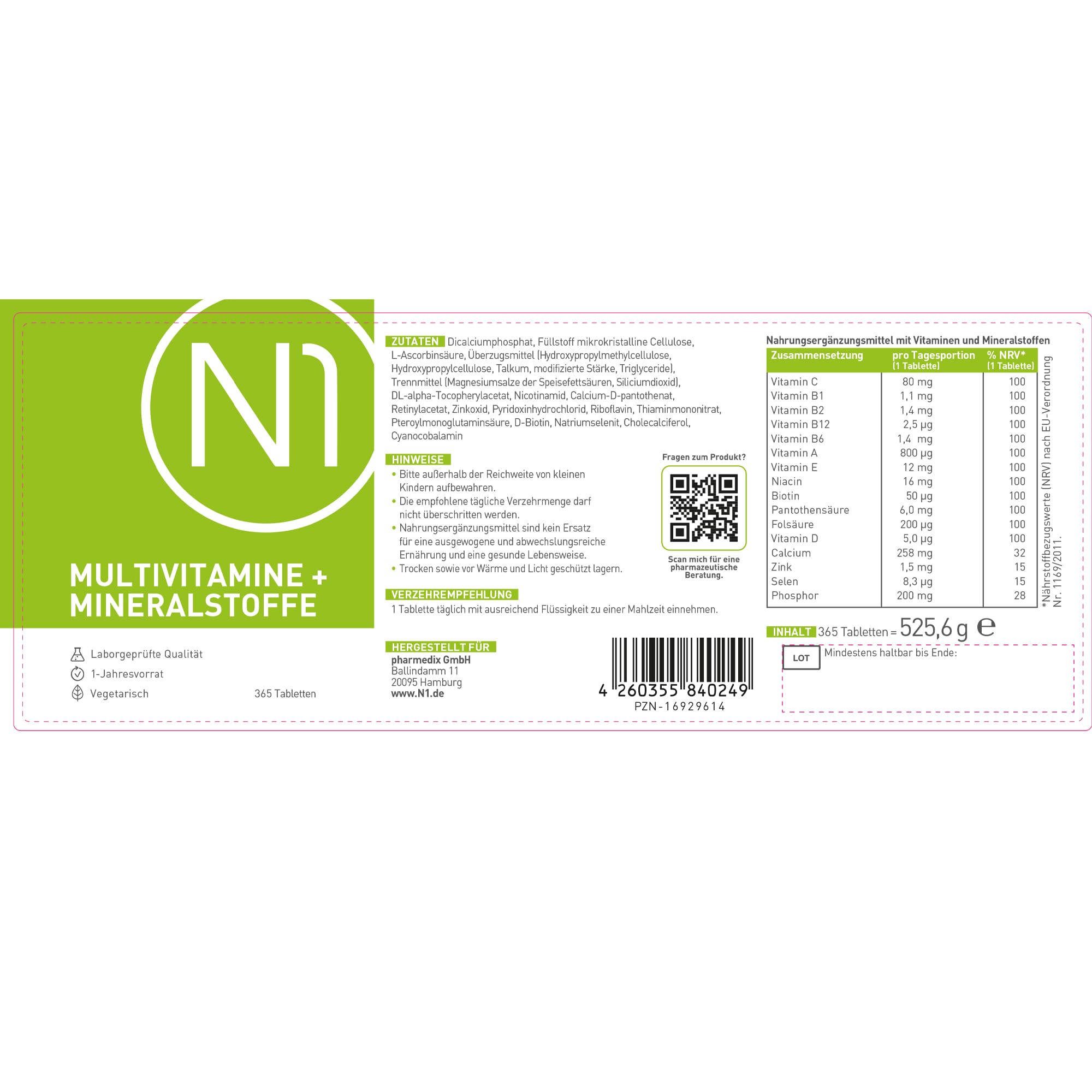 N1 Multivitamin Tabletten hochdosiert - Alle Vitamine + Mineralien - 5x365 Tabl. Jahresvorrat - vegetarisch - Nahrungsergänzungsmittel