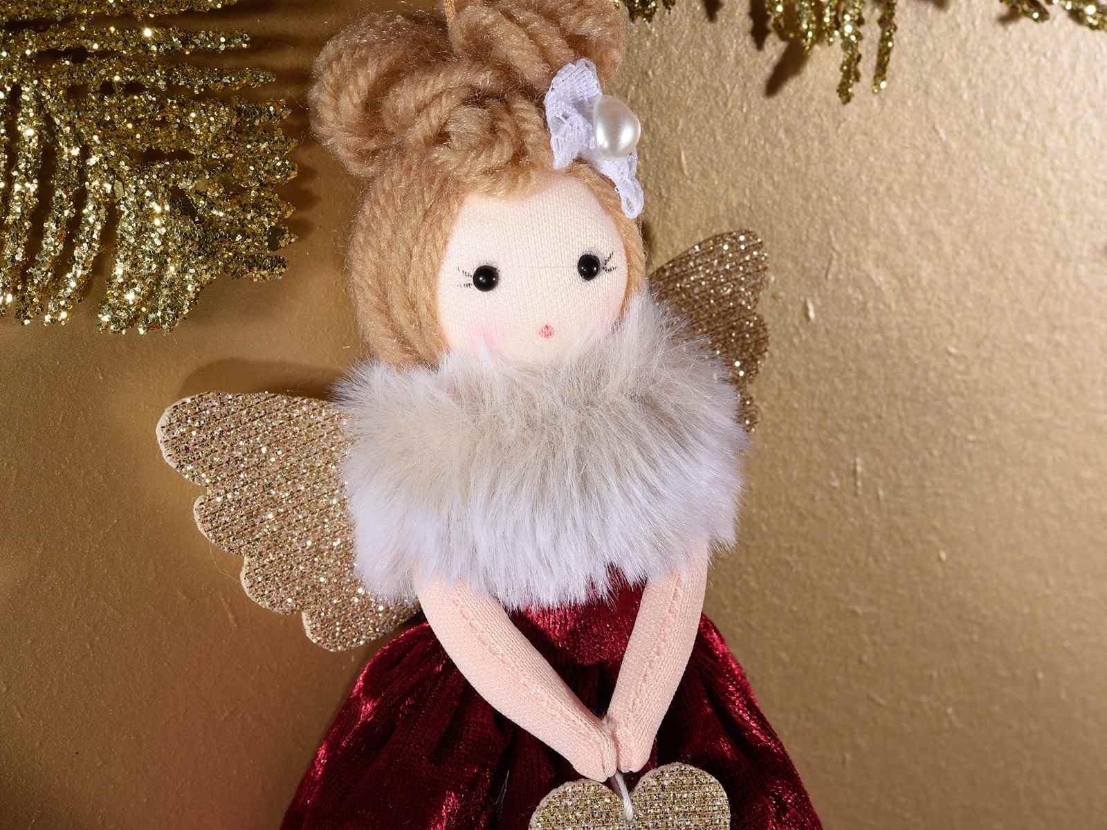 Gruppo Maruccia - Anges à suspendre avec robe en fausse fourrure - Décorations pour sapin de Noël et maison - 6 pièces