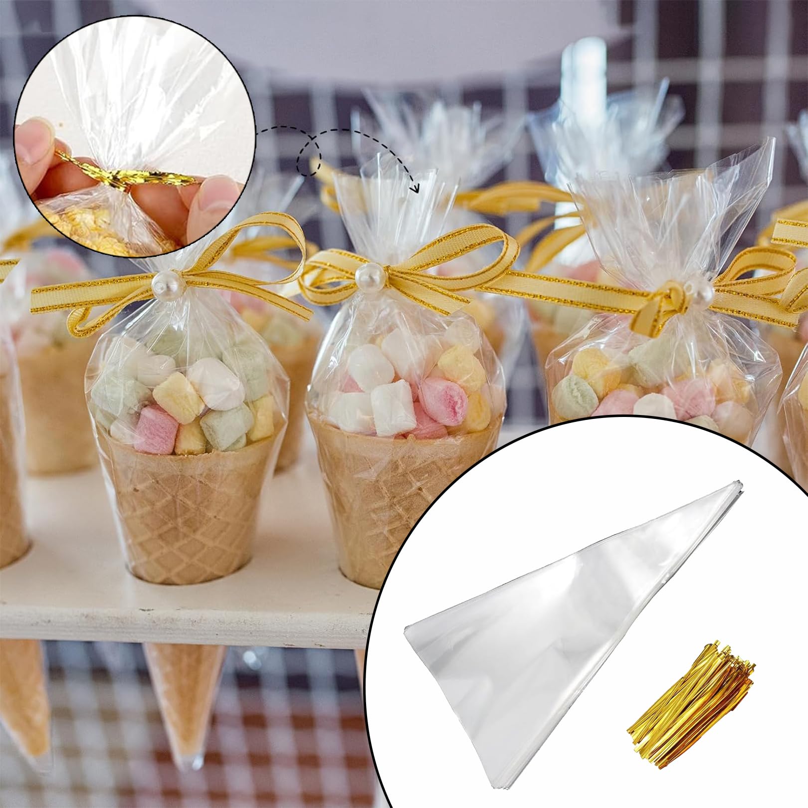 HLEC 100 pièces de sacs coniques transparents en cellophane pour friandises pour la cuisson, les bonbons, les biscuits, la présentation, l'emballage, les sacs cadeaux triangulaires pour Halloween en