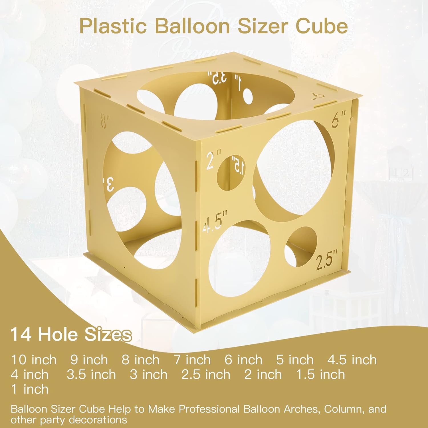 Pllieay 14 Holes Balloon Sizer Box Cube, Yellow Plastic Balloon Measurement Box, Collapsible Balloon Sizer Tool with Instructions for Balloon Decoration, Balloon Arch, Balloon Columns, 1-10 Inch