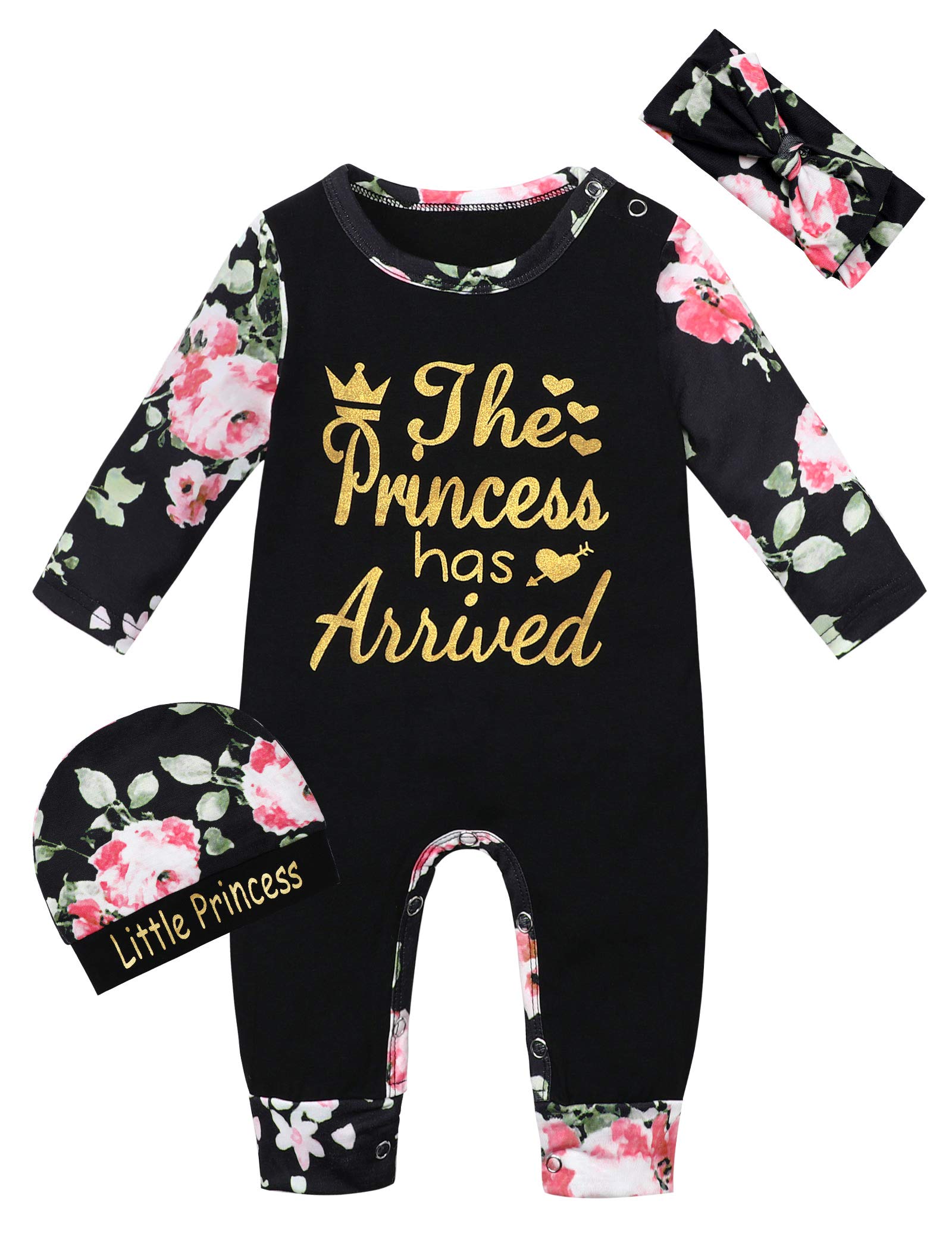 Von kilizoBaby Girl Clothes Cute Floral Infant Newborn Baby Clothes for Girls Letter Print Snap Baby Girl Romper Jumpsuit, Black Floral Two, 0-3 Months