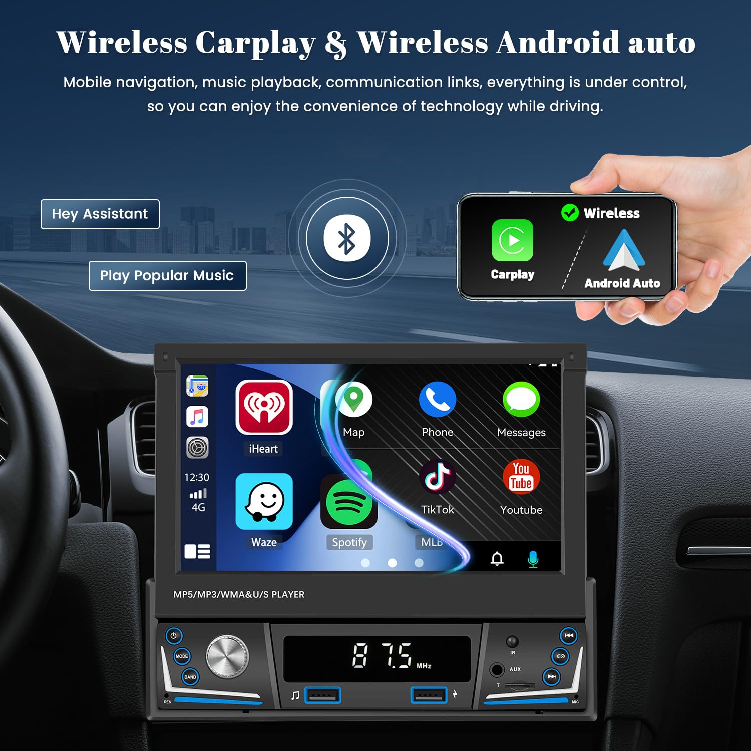 Hikity 7" 1 DIN CarPlay Autoradio avec Bluetooth FM Caméra de Recul | Écran Tactile Android Auto Wireless CarPlay EQ Commandes au Volant Mains Libres USB AUX Carte TF