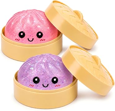 2 PCS Mystery Sparkly Pink & Purple Dumpling Squishies with Steamer Box, Soft Stretchy Bao Bun Stress Relief Balls, Sensory Fidget Squeeze Toys for Anxiety Relief, Decompression Desk Toys