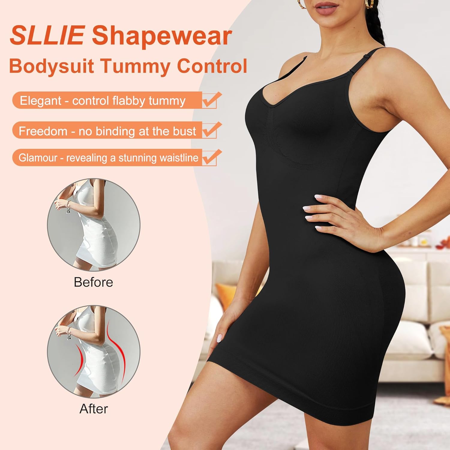 Women Shapewear Full Slip for Under Dresses Tummy Control Cami Mini Body Shaper Seamless Spaghetti Straps Lingerie - Image 3