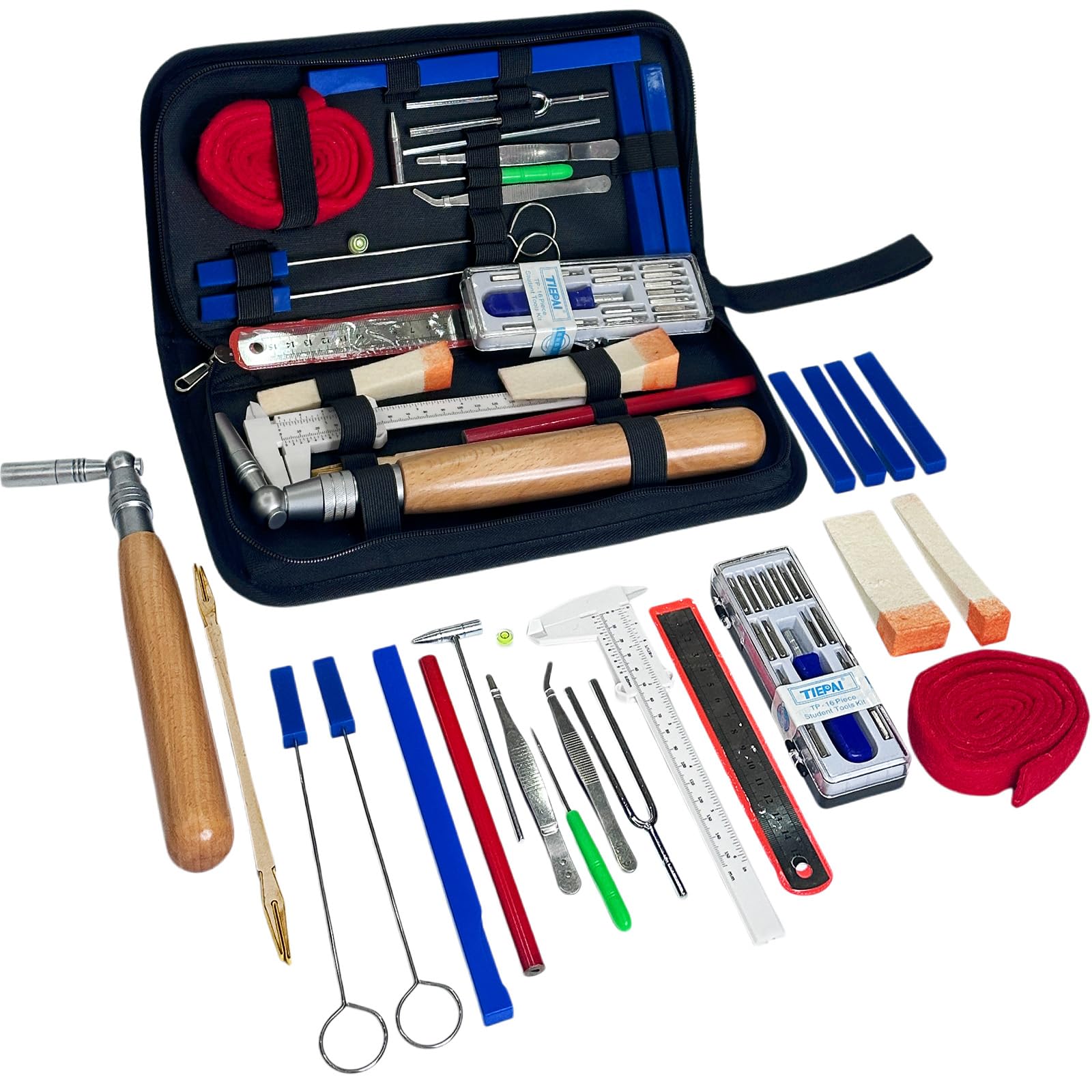 Klavier-Stimmwerkzeug-Set, 37-teilig, Werkzeuge für alle Klaviere, inklusive Stimmgerät, Schraubenschlüssel, Hammer, Gummi-Dämpfer mit tragbarer Tasche