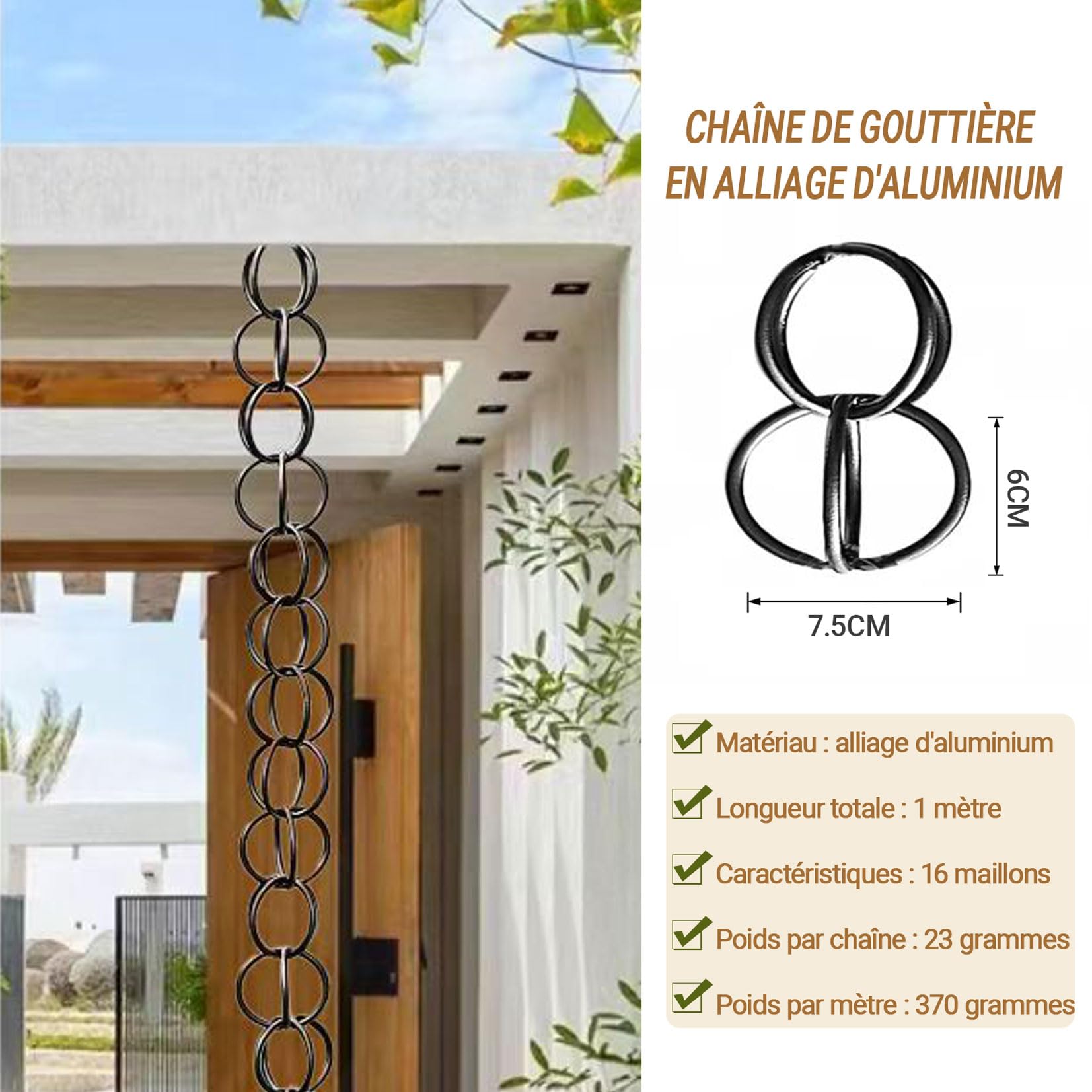 2m Chains de Pluie, Élégante chaîne de Pluie d'extérieur en Alliage d'aluminium, Pratique et élégante, idéale pour diriger l'eau de Pluie et embellir Les Jardins