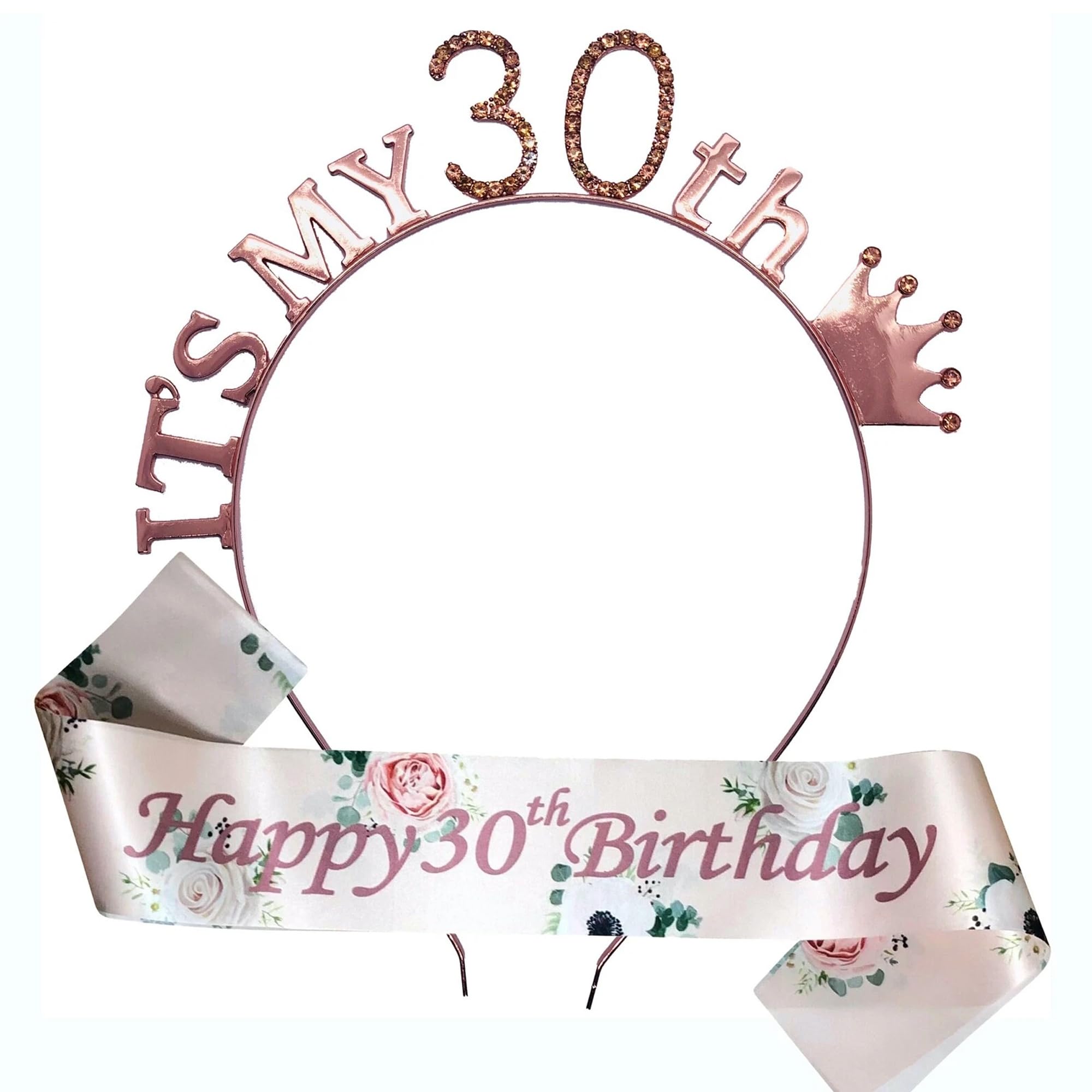 It’s My 30th Birthday Tiara and Sash Set – Rose Gold Diamante Crown with Happy 30th Satin Sash – 30th Birthday Princess Queen Party Accessories Gift for Women