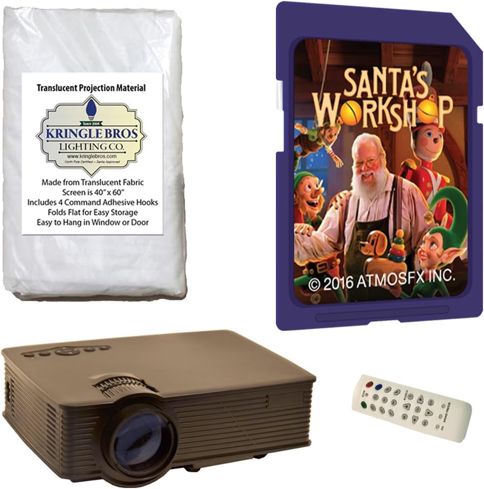 Kringle Bros AtmosCheerFX Santa's Workshop SD Card Projector Kit. Includes High Resolution Rear Projection Screen,1900 Lumen LED Video Projector and Santa's Workshop SD Card