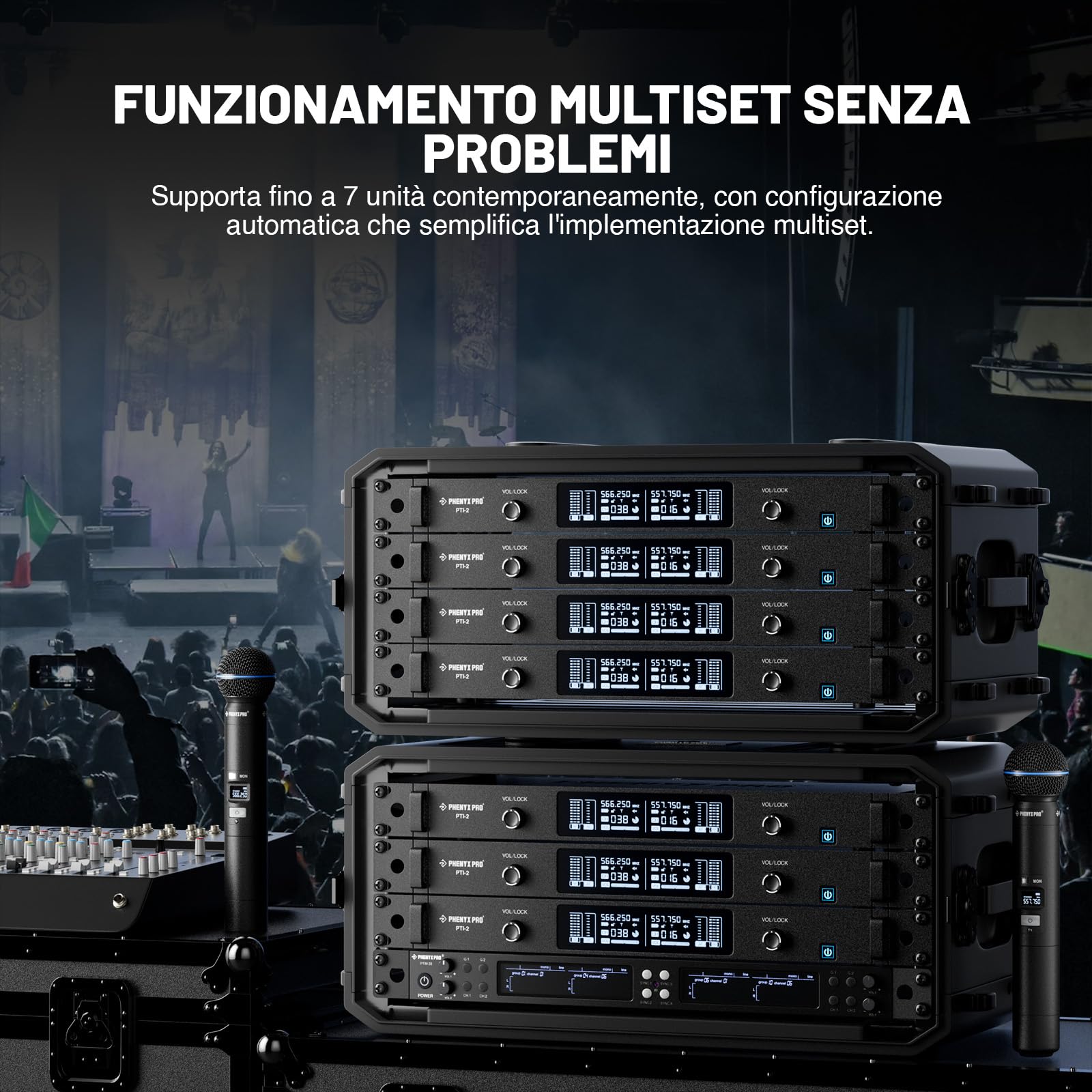 Phenyx Pro Sistema Microfono Wireless UHF Talkback 2 Canali PTI-2-2H | Auto Scan & Sync, potenza RF adattiva, 2 × 100 frequenze, portata 328 ft, microfoni dinamici a mano