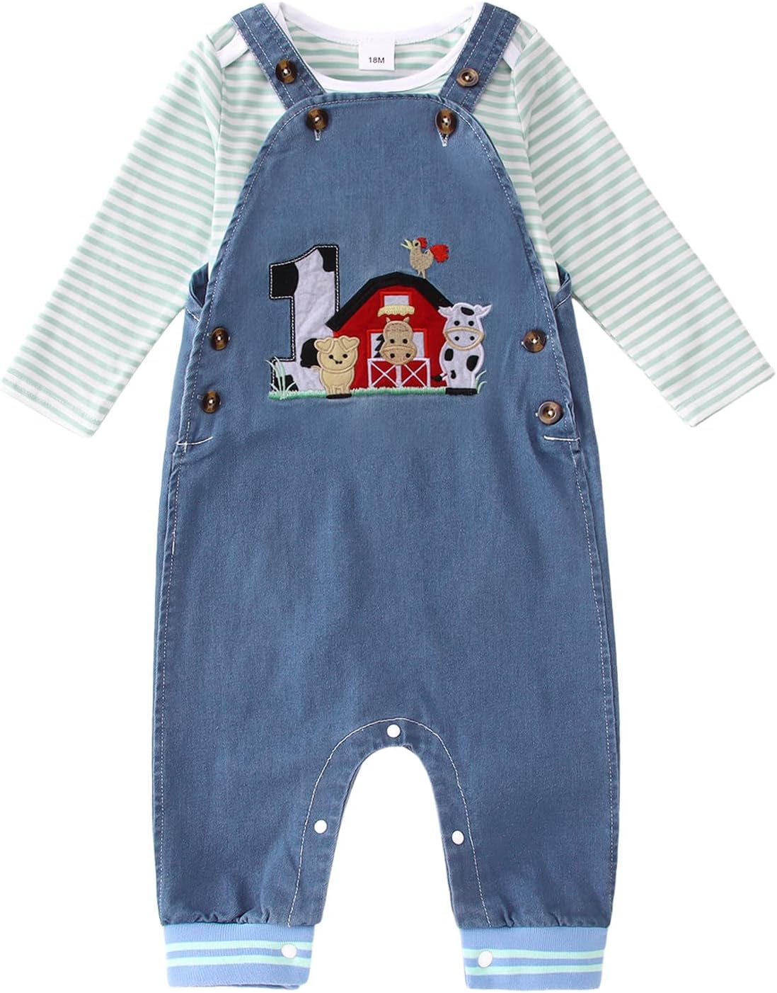 Ritatte Baby Boy 1st Birthday Outfits Striped Long Sleeve Romper Embroidery Print Suspender Jeans Jumpsuit Fall Overalls Set