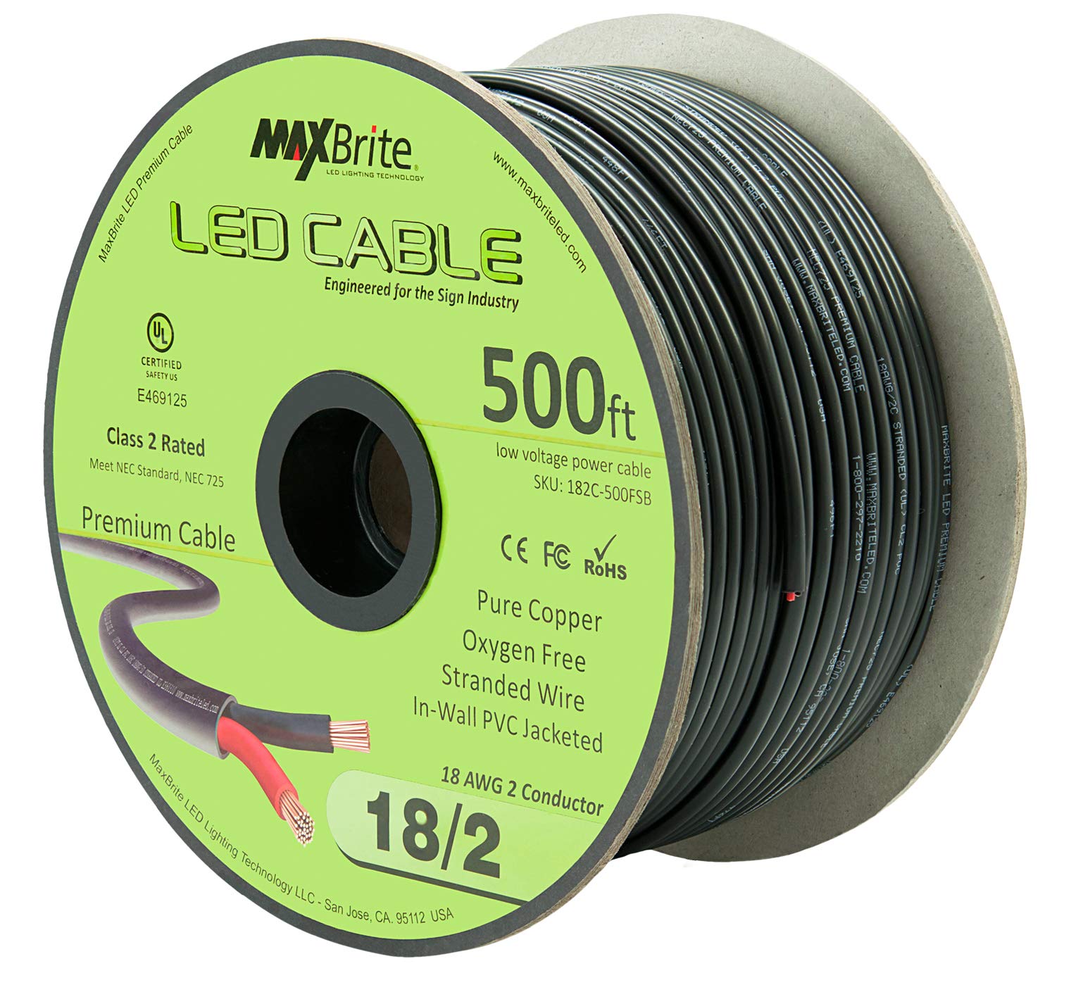 MaxBrite - 500 ft. 18AWG Low Voltage LED Cable 2 Conductor Black Sleeve in-Wall Speaker Wire UL/cUL Class 2