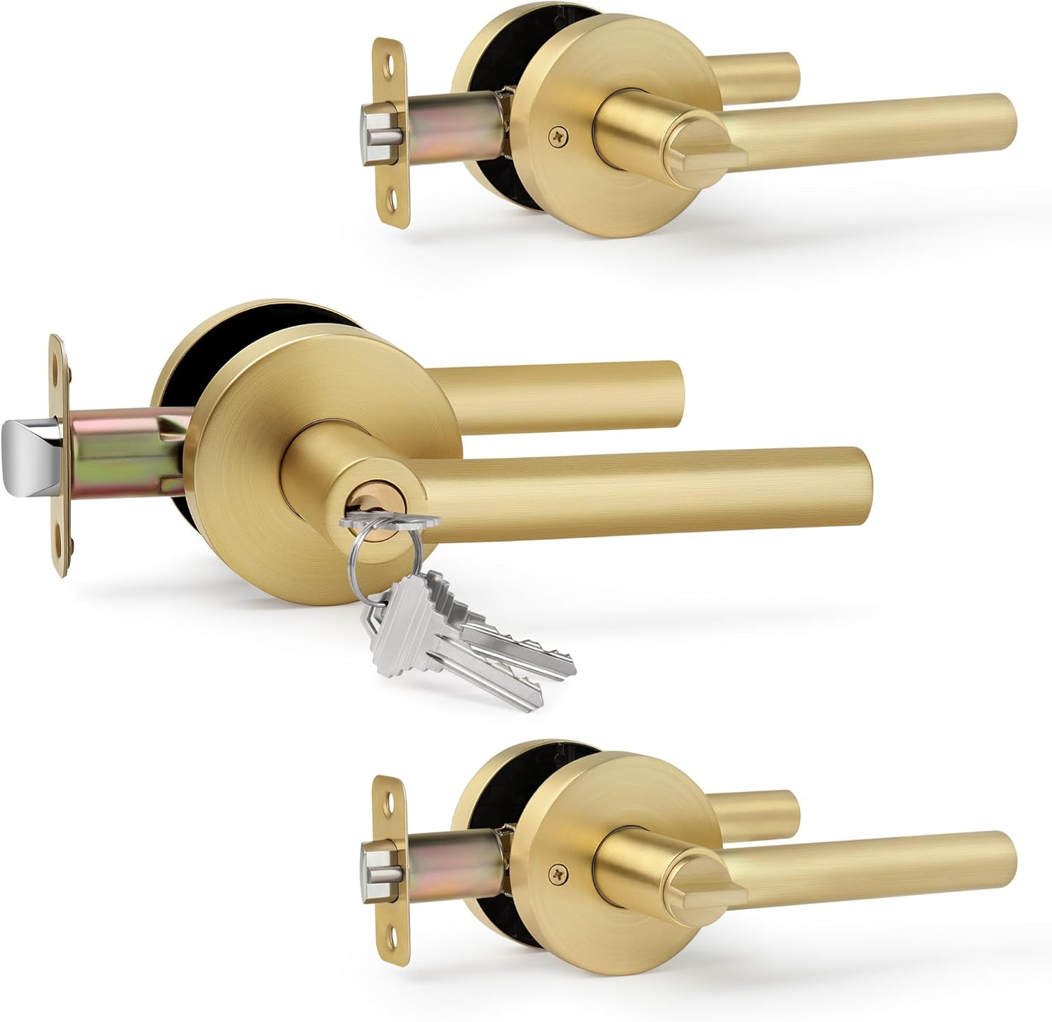 Moquin Gold Door Handle with Lock and Key, Heavy Duty Keyed Entry Brushed Gold Door Handles for Bedroom or Front Door, Satin Brass, 3 Pack