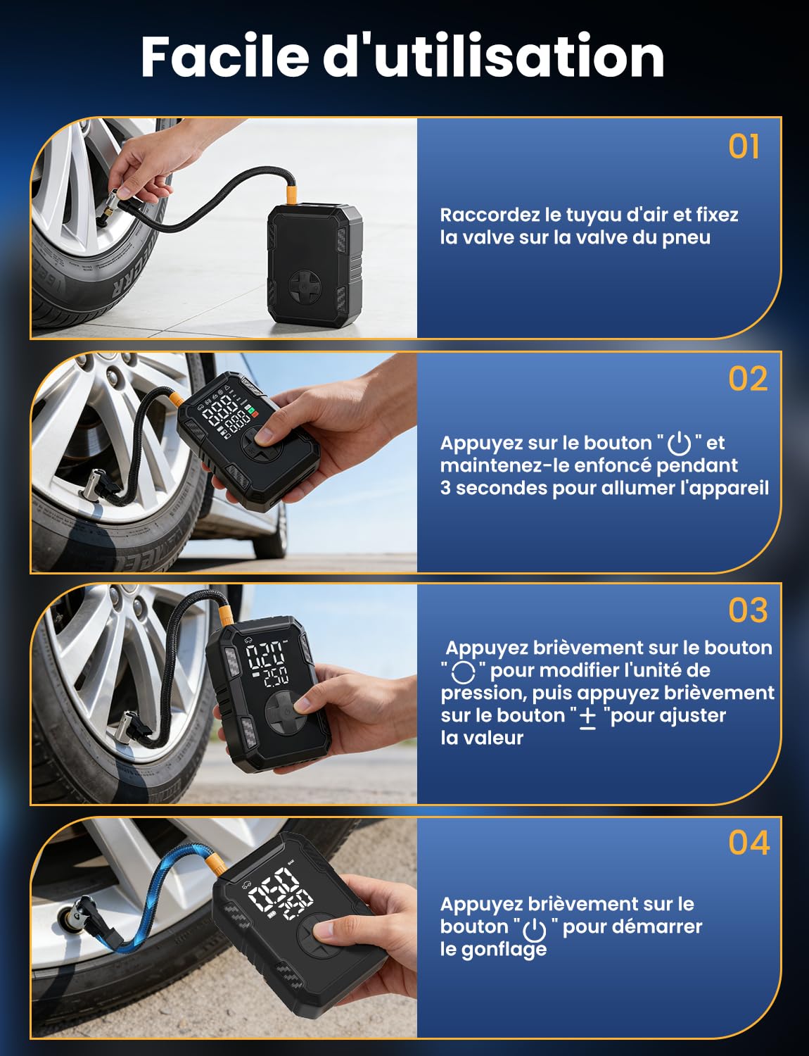 Oasser Gonfleur Pneus Voiture sans Fil Mini Compresseur à Air Portatif 150 PSI (10,3 Bar) Inflation Rapide Cylindre 19 mm Affiche 2 Valeurs Type-C USB Charge avec Tuyau de 30 cm et Sac de Rangement