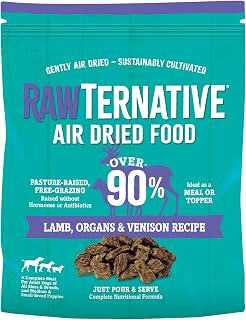 RawTernative Air Dried Dog Food, High Protein, Over 90% Real Lamb, Organs, & Venison + New Zealand Green Mussels, Complete Meal or Topper, Grain Free, Gluten Free, Non GMO, (5 lb Bag)