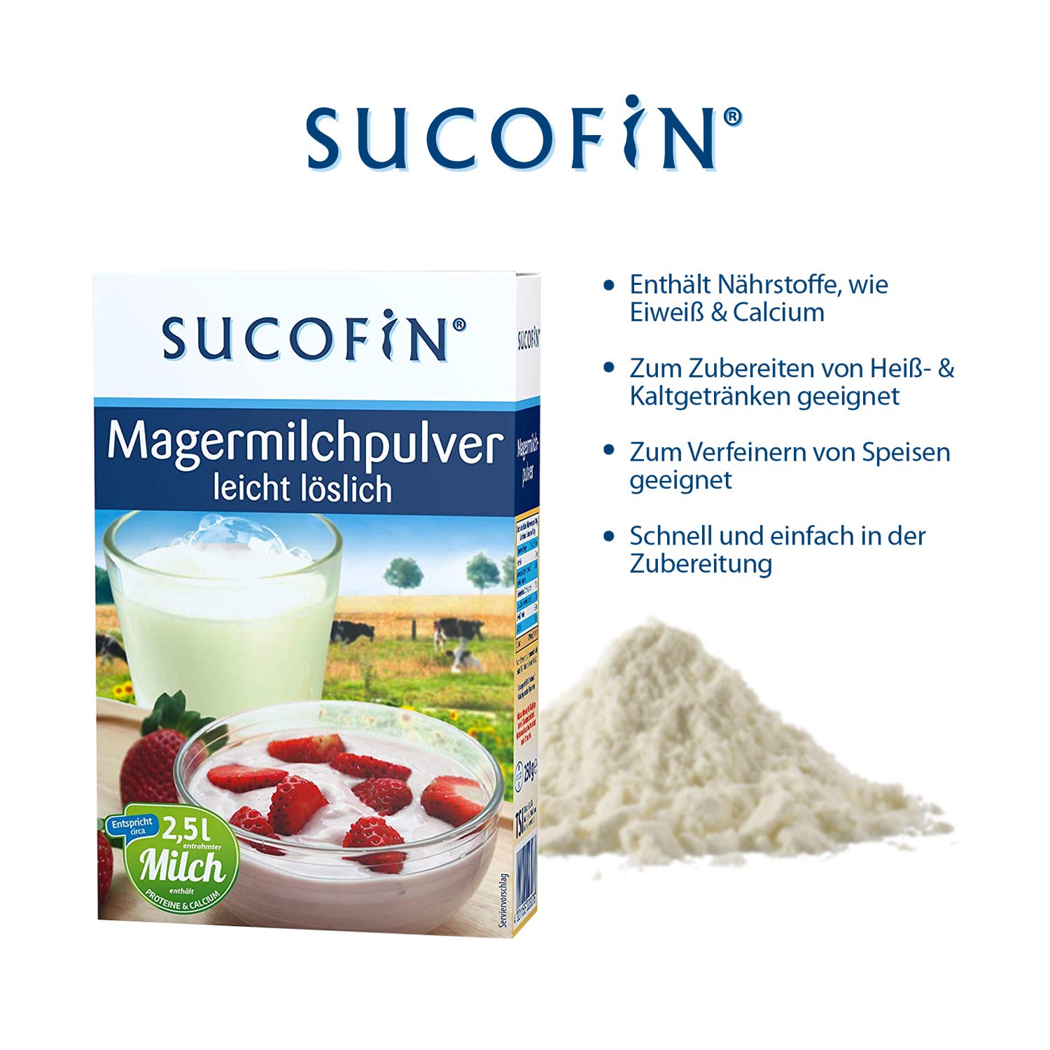 SUCOFIN Magermilchpulver 9 x 250 g, Ideal als Kaffeeweißer und zum Backen, Das Milchpulver ist leicht löslich, reich an Nährstoffen und lange haltbar