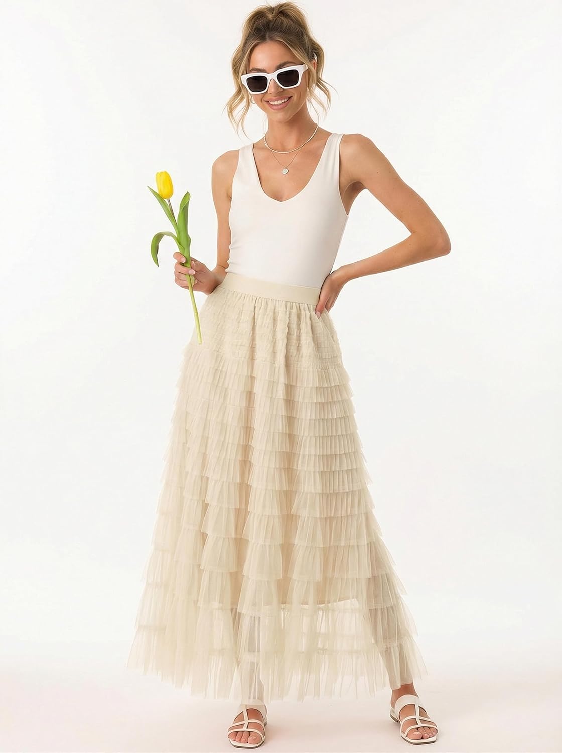 Women's Layered Long Maxi Tulle Skirts, High Waisted A Line Ruffle Tiered Layered Mesh Tutu Petticoat Tulle Skirt - Image 3