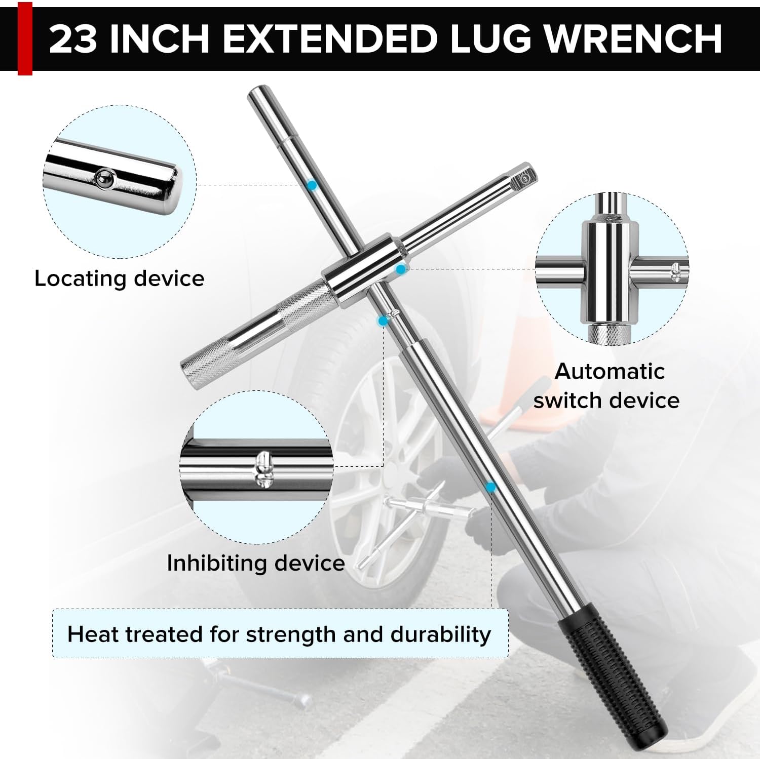 Donext Extended Lug Wrench, 4 Way Tire Iron for Car, Lug Nut Removal Tool with 1/2" Drive, 17/19/21/23mm Sockets and Storage Case, Heavy Duty Tire Wrench