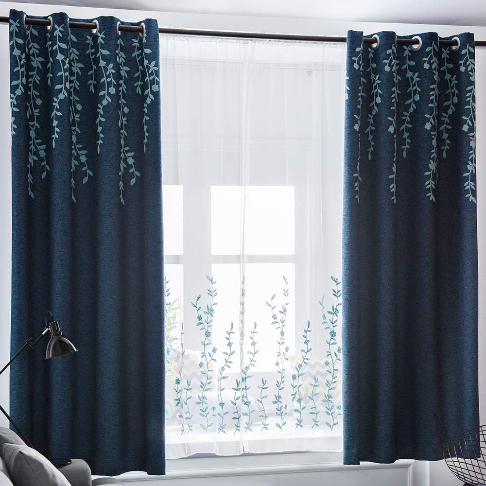 TINYSUN Vine Flower Embroidered Top Faux Linen Textured Curtain for Bedroom,Elegant Countryside Designed Window Blackout Curtains for Living Room Bedroom (Navy/Blue,W52xL84,1 Panel)
