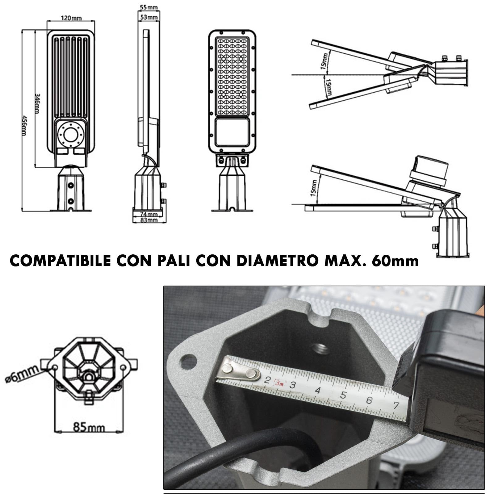 Planetitaly Faro Armatura Luce Stradale IP65 Lampione LED 50W inclinabile 90° Led 4000K 5000lm 230V, Ideale per Campi da Calcio, Tennis, Padel, Giardino, Garage, Parcheggio, Viale, Luce di Sicurezza