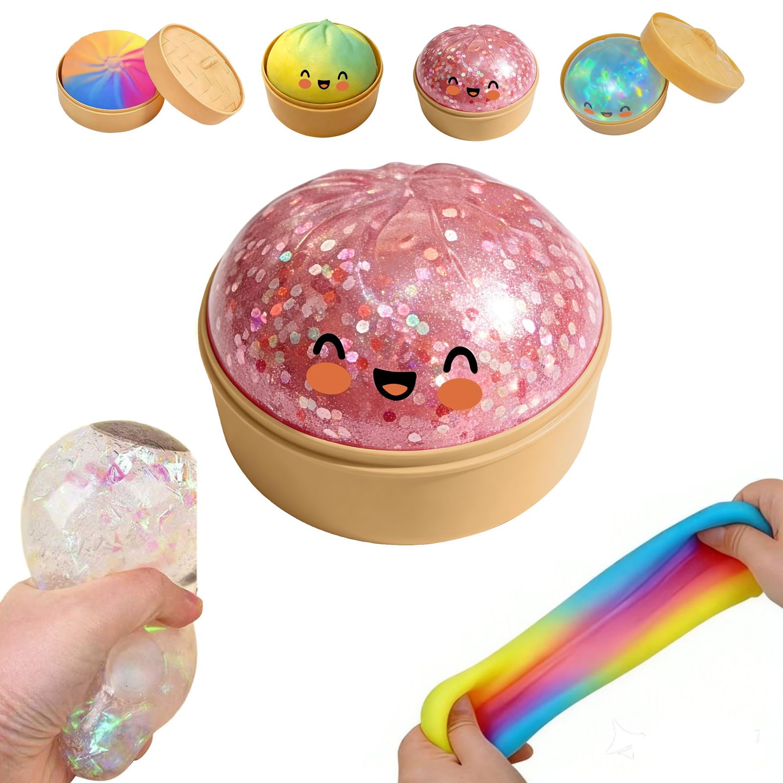 Giant Glitter Dumpling - Rainbowe Giant Squishy Dumpling Stress Toy, Cute Rainbow Dumplings Buns Bao With Steamer Box,Squishy Balls, Stress Relief Squishy Dumplings Toy (Pink) — image 1