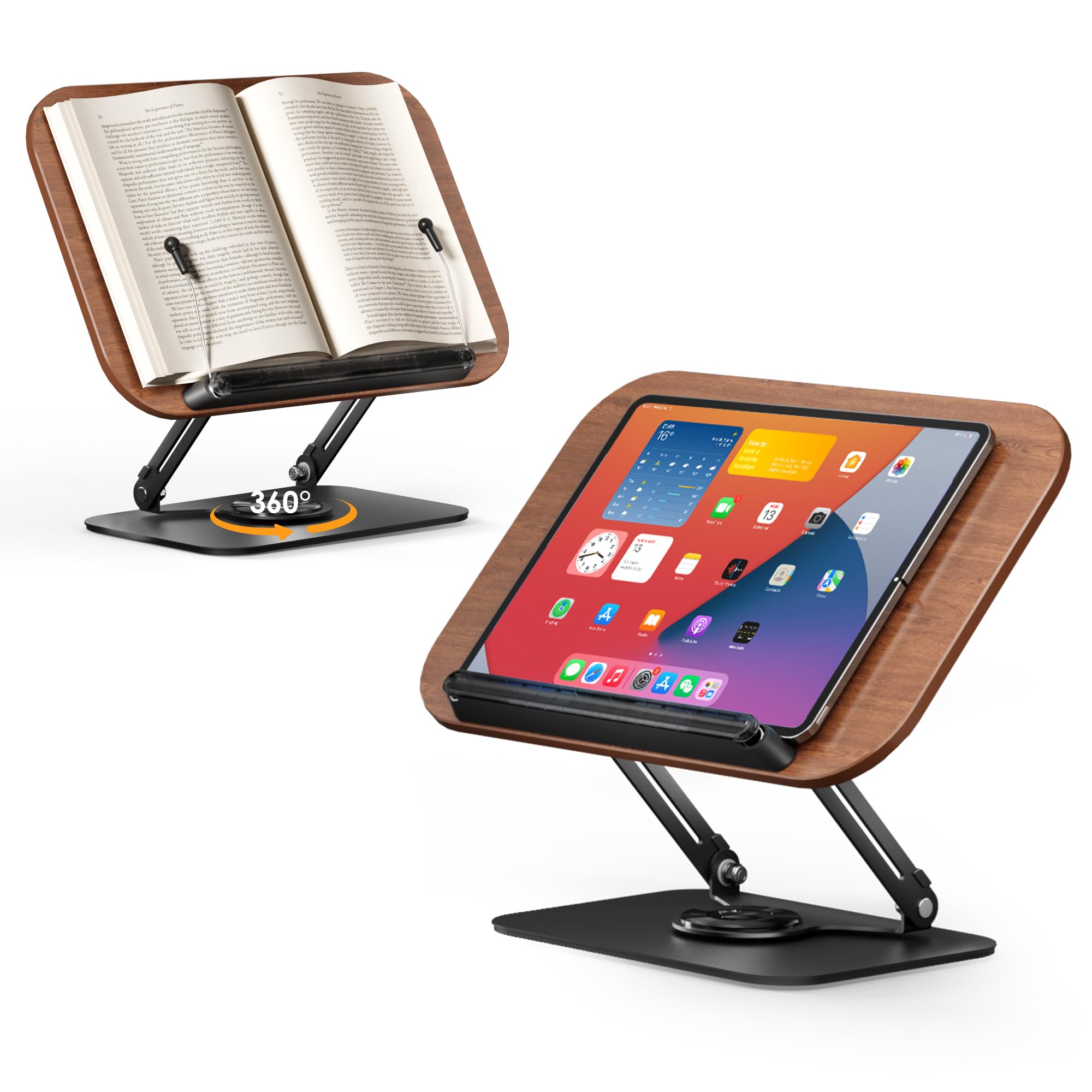 SupeDesk Supporto per libri da lettura, in legno regolabile, girevole a 360°, pieghevole, con clip laterale, per ricette, riviste, tablet, laptop, elegante retrò