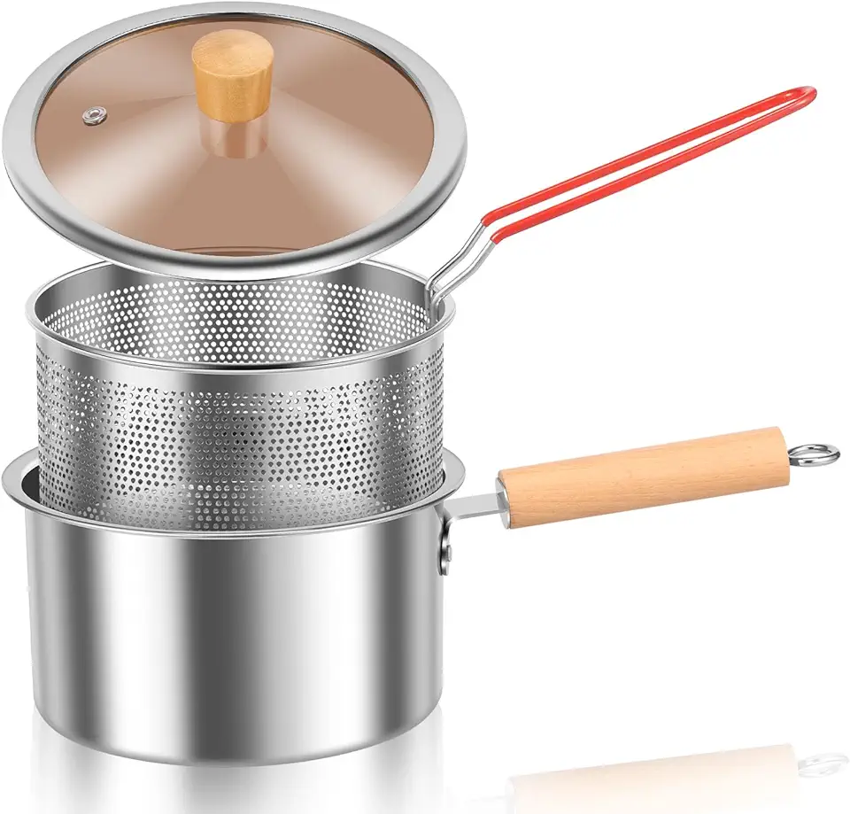 Panela de fritadeira com cesta e alça, panela de fritura de aço inoxidável com tampa, fritadeira pequena de gordura profunda com economia de óleo para fritar peixe, camarão, frango e batatas fritas