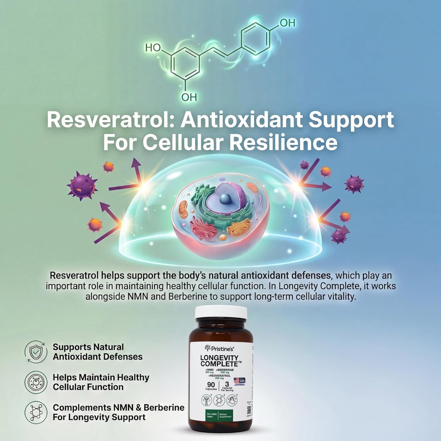 PRISTINE'S Longevity Complete Anti Aging NMN Complex - Advanced Cellular Support - NMN 500mg, Berberine 500mg, Resveratrol 250mg, Healthy Aging, Autophagy & NAD+ Support - Glass Bottle