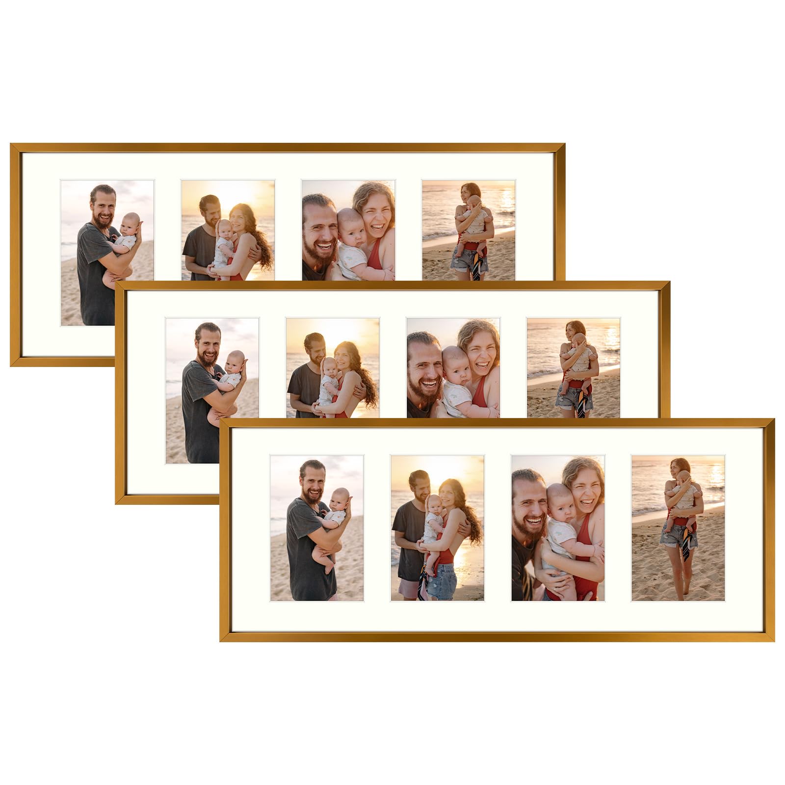 Golden State Art, 4x6 Aluminum Collage Frame, Display 6x4 Pictures With 4 Openings Mat or One 8x20 Photo, Real Glass, Portrait/Landscape Wall Display, Bronze, 3 Pack