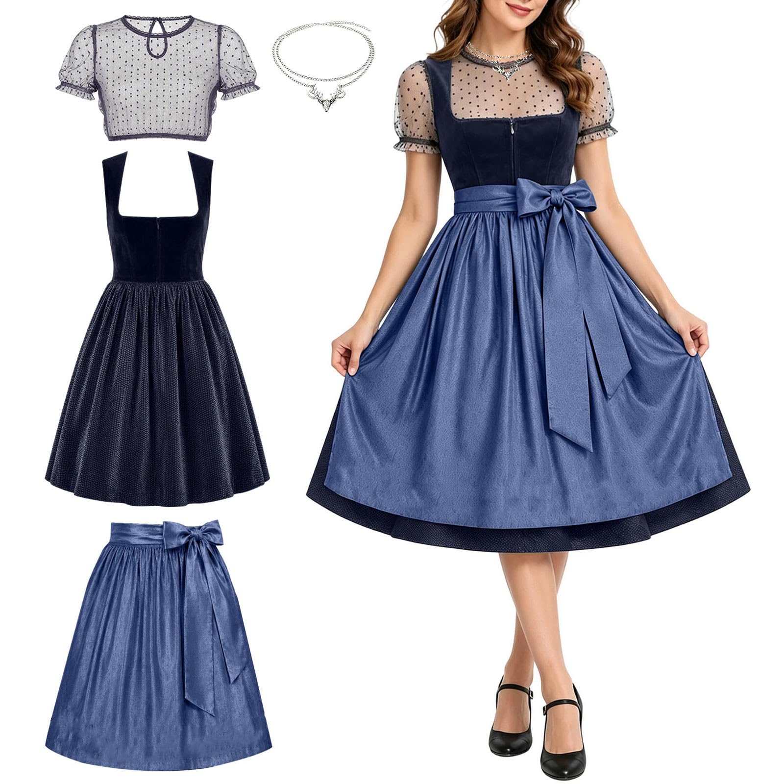 Generisch Dirndl Damen midi Lang Dirndl Trachtenkleid Trachtenrock DirndlKomplettsets Trachtenmode Trachten Damen mit 4 Teilig DirndlSchürze Dirndlbluse Oktoberfest Dresses Dirndlkleid Blau Rot Grün