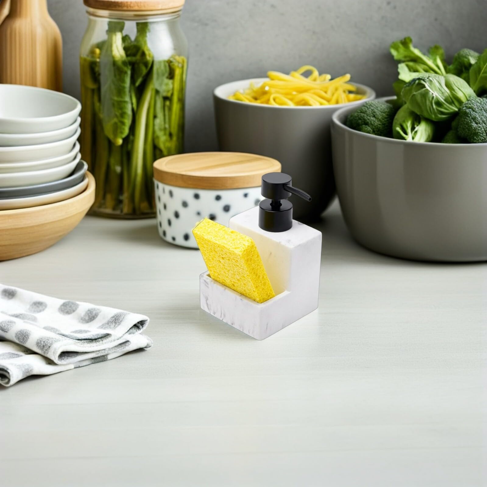 BESPORTBLE Dispenser di Sapone da Banco con Porta Spugna Integrato, Set di Dispenser per Detersivo da Cucina in Resina Effetto Marmo, Erogazione Precisa per Lavello Cucina e Bagno