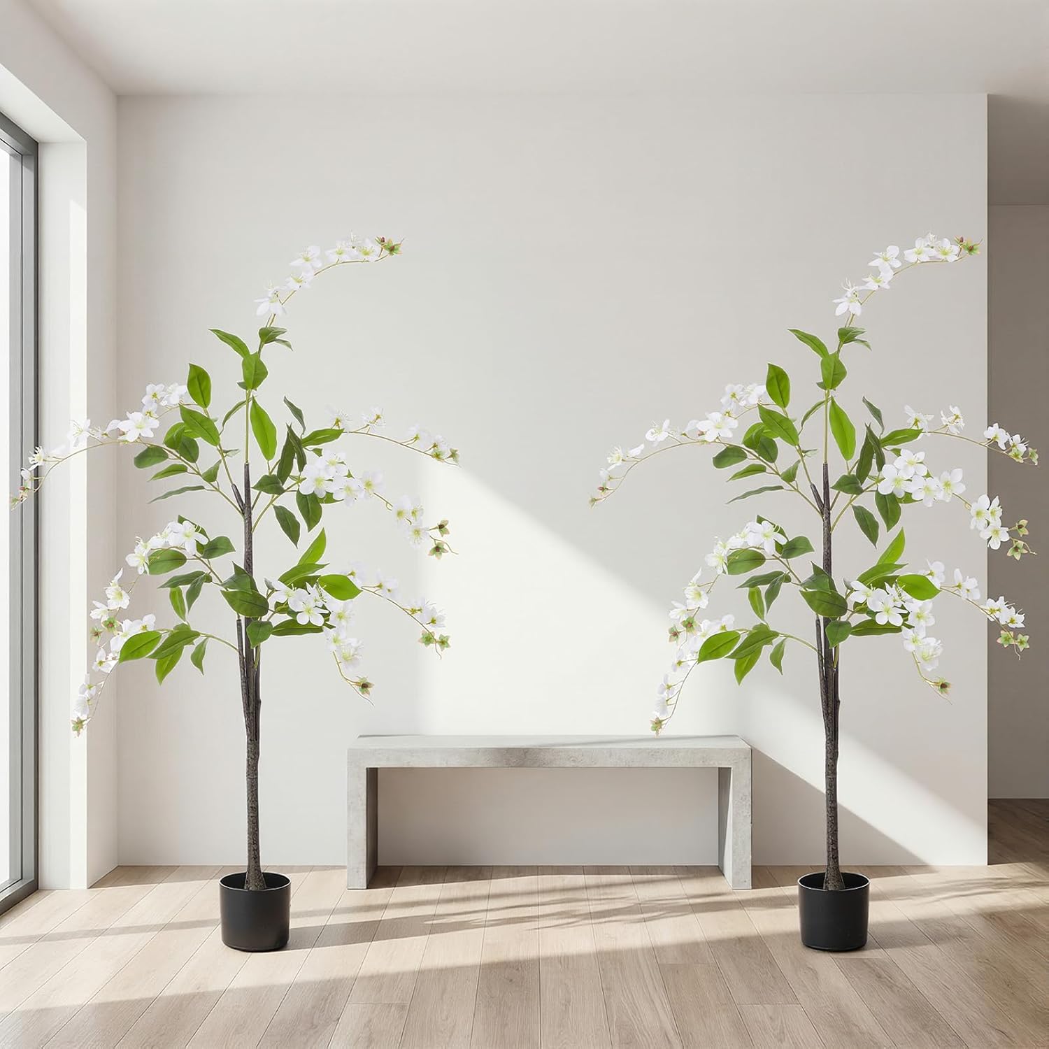 2 Pack 5 ft Artificial Jasmine Flower Tree Faux Flower Tree with Planter UV Resistant Potted Blooming Fake Floor Plant for Indoor Outdoor Home Living Room Office Wedding