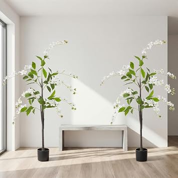 Daifunli 2 Pack 5 ft Artificial Jasmine Flower Tree Faux Flower Tree with Planter UV Resistant Potted Blooming Fake Floor Plant for Indoor Outdoor Home Living Room Office Wedding