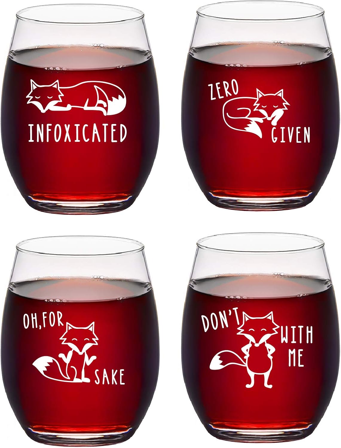 50% Off Discount Infoxicated, Zero Fox Given, Oh for Fox Sake, Don't Fox with Me, Funny Fox Series Stemless Wine Glasses for Women Men Her Him Friends, Set of 4 Fox Themed Wine Gift for Birthday Party Christmas, 15Oz