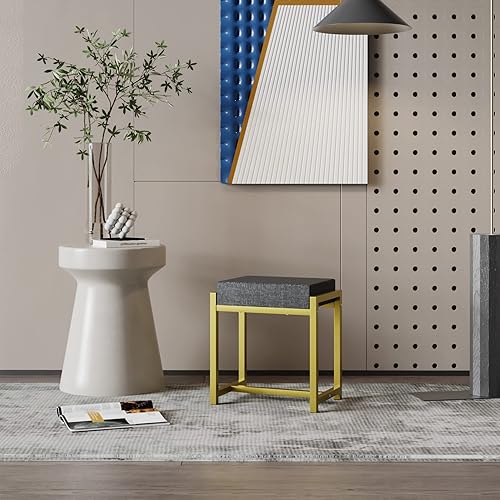 Miniatura 6 de Algherohein Taburete de tocador moderno para sala de maquillaje sillas otomanas negras para tocador marco de metal dorado banco de maquillaje para