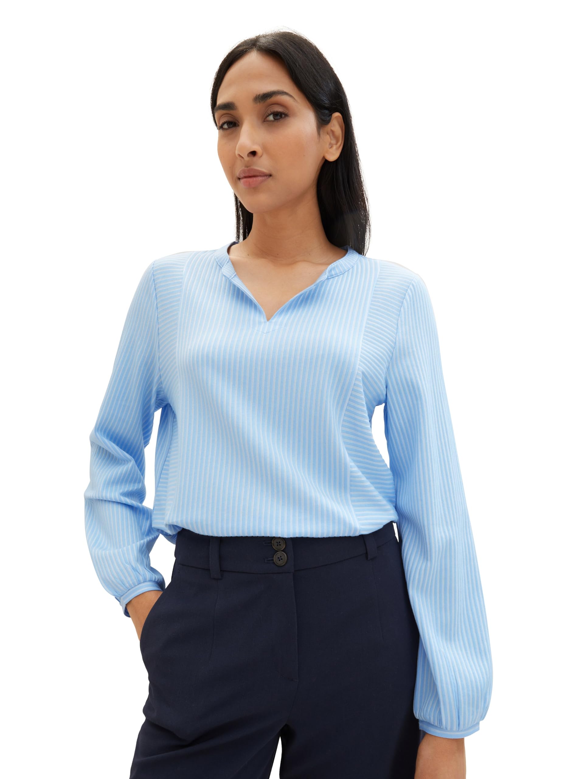 TOM TAILOR Damen Basic Bluse mit Streifen, 34913 - Blue White Thin Stripe, S – Ansicht 2