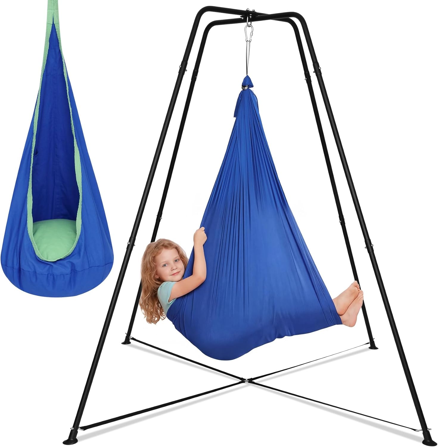 Swing Stand Frame with Sensory Swing and Pod Swing, Heavy-Duty X-Frame Sensory Swing Stand for Kids, Indoor & Outdoor Autism Sensory Hammock with Stand 330LBS Capacity for Home Backyard Park （Blue）