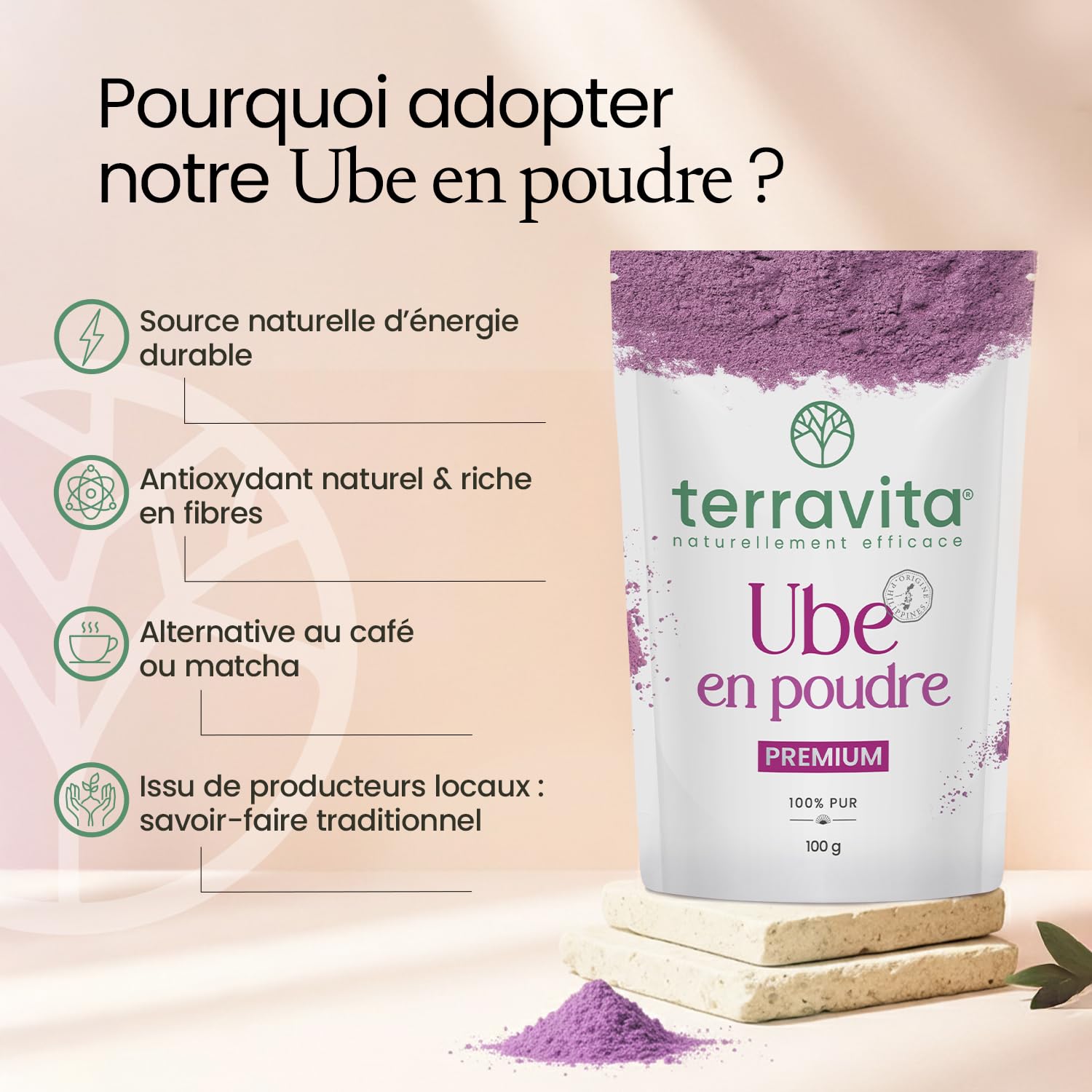 Ube en Poudre 100g | Grade Premium | Saveur Douce | 100% Igname Violette Philippines | Ube Latte, Smoothie, Bubble Tea & Desserts | Antioxydant | Pureté Exceptionnelle | Sachet Refermable | Terravita