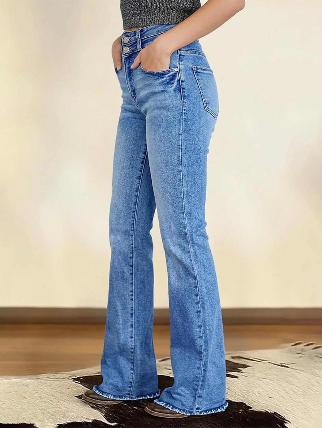Flamingals Bootcut Jeans for Women Trendy Mid Rise Button Fly Butt Lifting Stretchy Flare Jeans Vintage Western Denim Pants