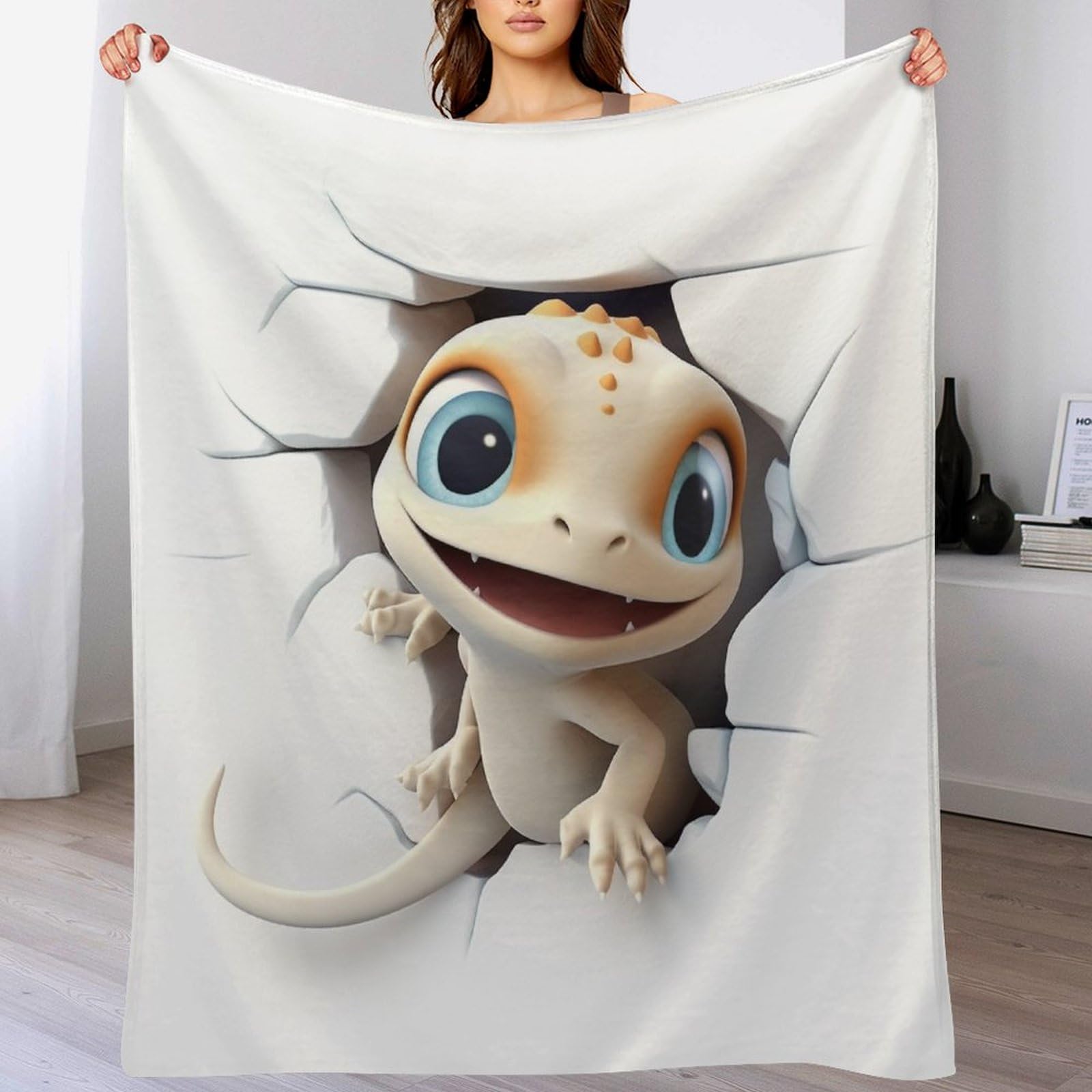 Couverture polaire gecko mignon en plaid flannel moelleux pour lit et canapé de 100x130cm